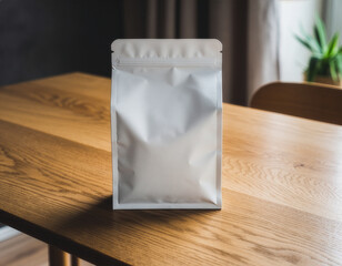 Stand up doypack pouch mockup for coffee or tea packaging on wood surface