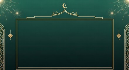 Fototapeta premium A dark green background with gold Ramadan Mubarak Eid al-Fitr decorative frame and crescent moon design elements.