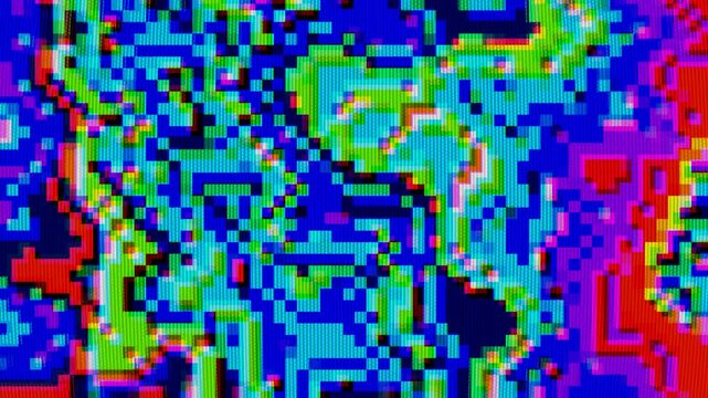 Hypnotic 4K looping abstract glitch pattern with neon colors, retro 80s, cyberpunk style, 8 bit pixelated design. Backgrounds, digital art, summer visuals, creative banner, motion graphics