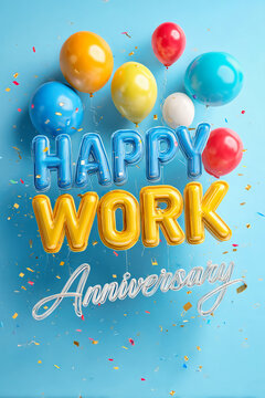 Bright balloons and cheerful confetti surround the words Happy Work Anniversary in a lively office setting. The scene captures a spirit of celebration and joy