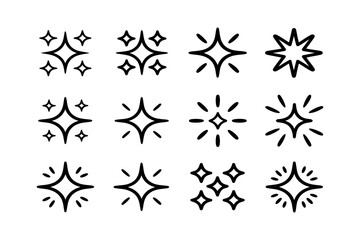 Hand Drawn Sparkle and Starburst Icon Set. Doodle Shine, Twinkle and Glow Symbols Collection. Black Outline Vector Illustration Isolated on White Background. Editable Stroke.
