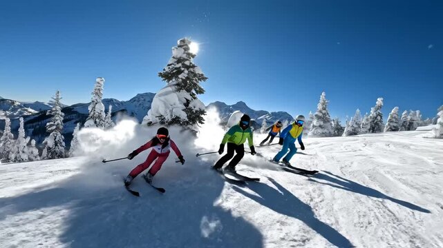 Skiers on snowy mountain slope