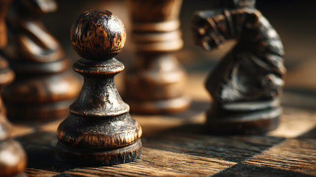 Closeup of chess pieces on a wooden chessboard strategic game.