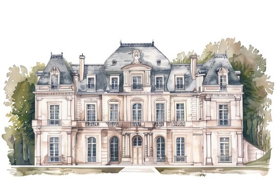 Elegant French mansion watercolor illustration