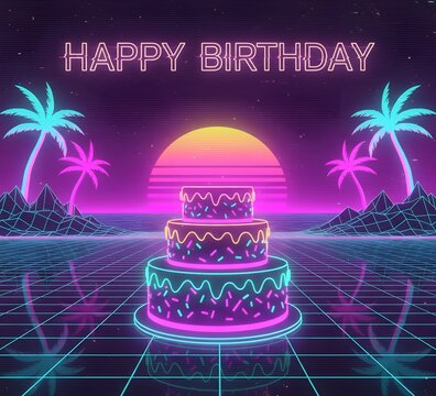 A neon-lit, three-tiered birthday cake with glowing sprinkles sits at the center of a reflective wireframe grid, the scene is topped with a "Happy Birthday" header in a stylized, retro-future font