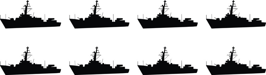 Set of black military warship silhouettes isolated on white background showing modern navy destroyer vessels, maritime defense icons, minimalist vector illustration collection © Biplob Creatives
