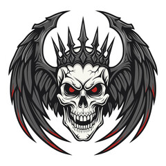Fototapeta premium Scary King Skull With Black Wings And Red Eyes Emblem