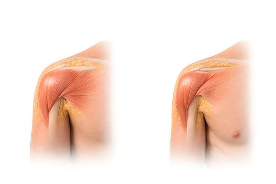 Photorealistic 3D medical comparison in a 3-column layout showing deltoid muscle wasting progression: same adult shoulder and upper arm rendered in identical pose and lighting