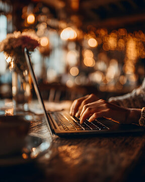 Closeup of hands typing on a laptop in a cafe.