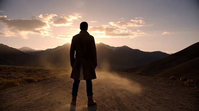 Pixelated Man Silhouette Stands on Desert Road Facing Sunset with Mountains Dusty Ground and Dramatic Sky in Warm Lighting and Pixelated Details