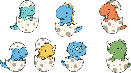 Cute Cartoon Baby Dinosaur Hatching from Egg Vector Illustration Set with Colorful Dino Characters for Kids Nursery Design © Sirajul
