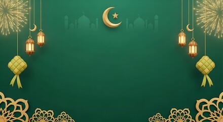 A festive Ramadan Mubarak background with hanging lanterns, crescent moon, and star on a green backdrop with golden decorations and eid al-fitr elements.