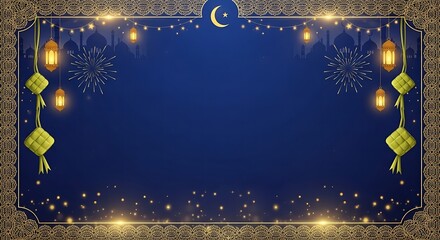 A dark blue background with a gold border, adorned with a crescent moon, stars, lanterns, and fireworks, ideal for Eid Mubarak or Ramadan celebrations.