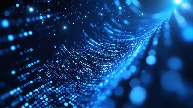 Digital data stream binary code light particles on dark blue background, abstract futuristic technology high quality design