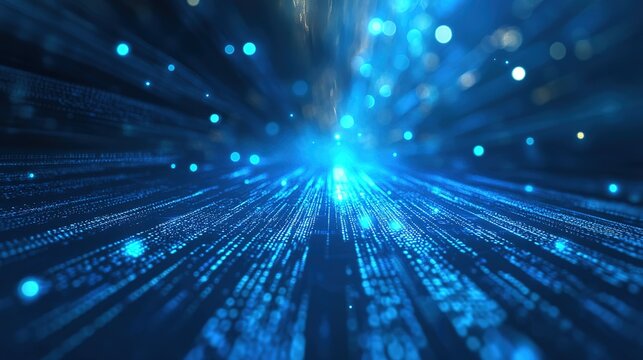 Digital data stream binary code light particles on dark blue background, abstract futuristic technology high quality design