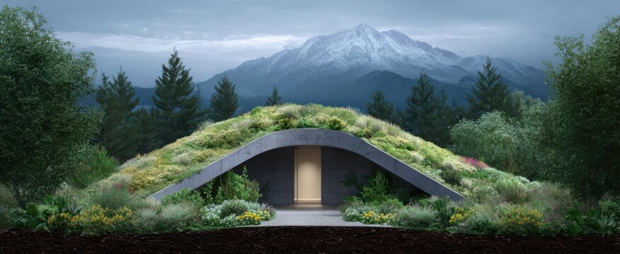 Sustainable climate-resilient earth-sheltered home engineered for eco-friendly living.