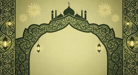 A digital illustration of an ornate archway with a mosque silhouette and lanterns on a gold background, celebrating eid al-fitr or ramadan with intricate patterns and a mubarak message.