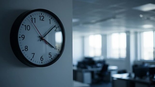 Modern office interior with clock on wall and blurred background