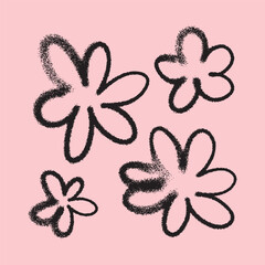 Pink graffiti style flower symbol with rough spray texture and hand drawn effect. Minimal vector isolated on light background for Womens Day, spring, summer, holiday cards, posters and branding