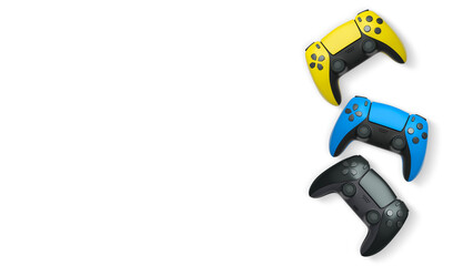 Wireless gaming controllers flying in air isolated on white background, symbolizing gaming technology concept © Vasyl Onyskiv