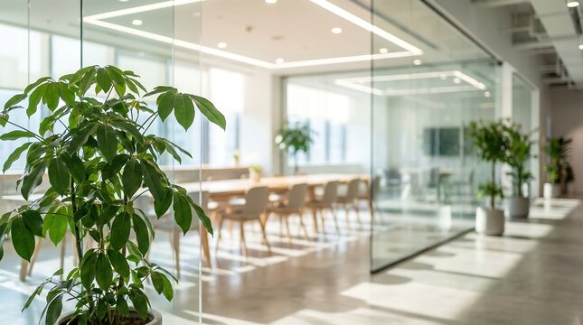 A vibrant green plant enhances a bright, modern office space, featuring glass walls and a pristine meeting room with a long table.