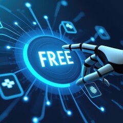 Futuristic Robotic Hand Pressing a Glowing Blue Button Labeled FREE in a Digital High-Tech Environment