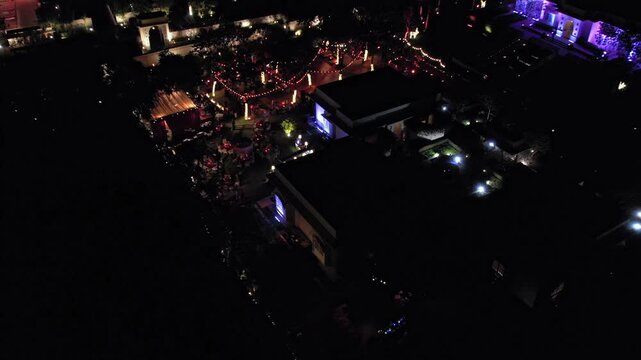 Aerial night drone view of a Big Fat Indian Wedding Venue Decoration in India