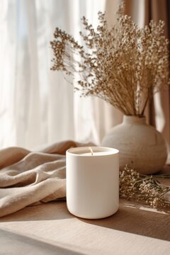 Serene candle with dried flowers.