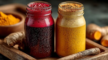 Superfood beet juice and turmeric latte on table images illustration