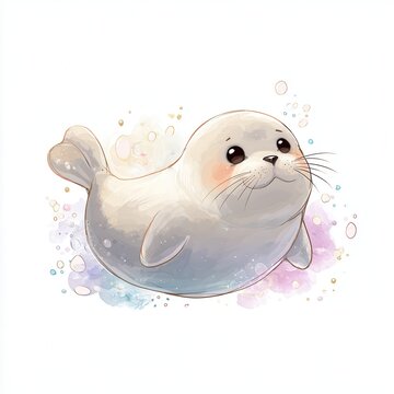 Cute seal swimming in water with colorful splashes around in a simple design
