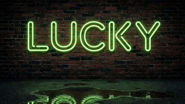 Green neon lucky sign glowing on brick wall. Illuminating letters with puddle reflection. Urban night signage for fortune and chance concept