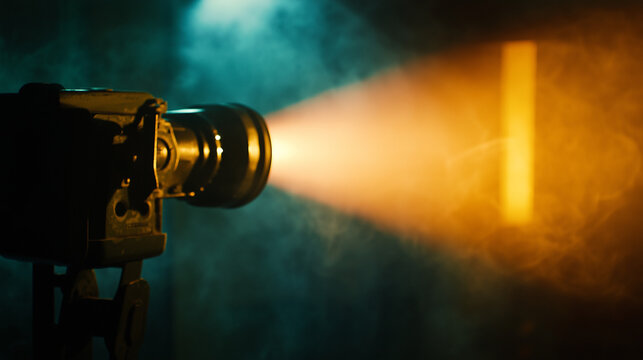 Vintage film projector casting bright cinematic light beam through smoky dark room