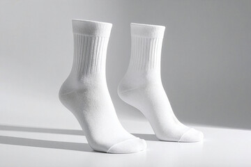 Pair of blank white crew socks mockup on neutral background with shadows