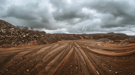 Vast industrial scrapyard with waste piles under dark cloudy sky