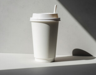 White paper cup mockup with straw in sunlight
