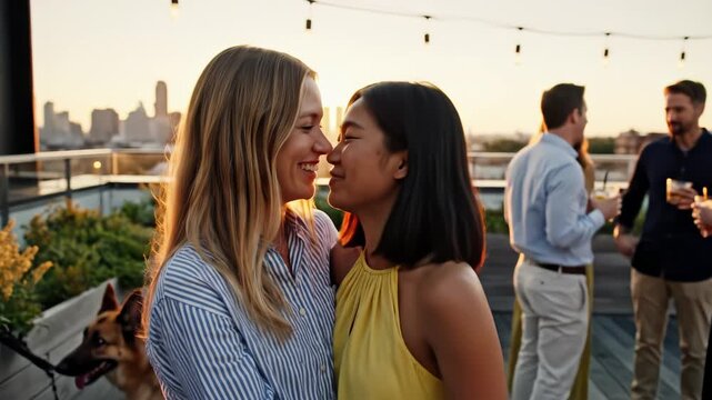 Two women hugging at rooftop party