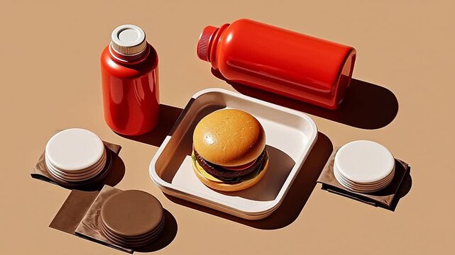 Hamburger with condiments and plates