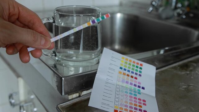 Close-up of human hand holding simple test strip submerged in glass of tap water for analysis of overall water hardness. Comparison chart for result determination in domestic setting.