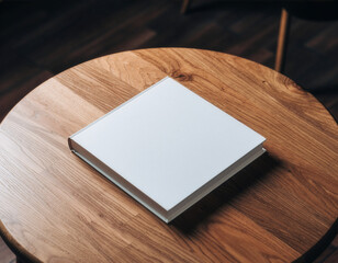 Blank square book mockup on round wooden cafe table with moody lighting