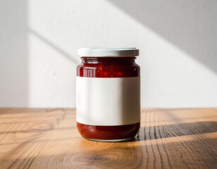 Glass jar of red berry jam with blank white label on wooden table