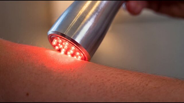 Close-Up of Red Light Therapy Device spot torch on Skin Surface for Therapeutic Treatment and Skin Rejuvenation Using Infrared Technology. Video made using Generative AI.