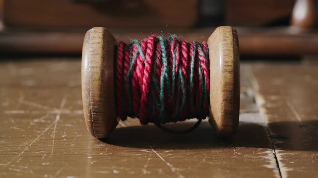 Wooden spools with red and green thread arranged on table. Colorful yarn reels for sewing projects. Textile crafting materials and fiber art concept