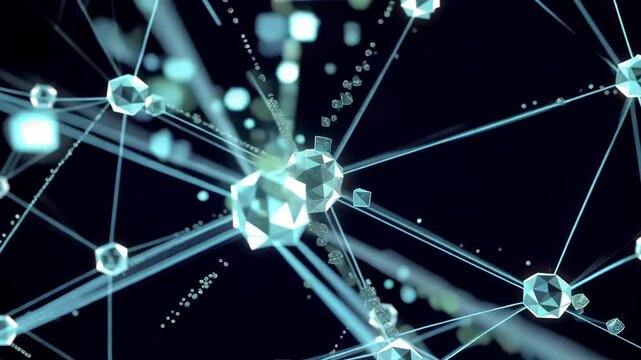 Interconnected glowing geometric glass nodes rotate and drift in a complex three dimensional space for modern technology backgrounds.