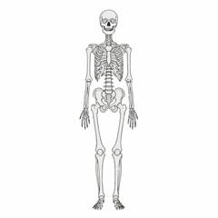 Simplified full human skeleton illustration standing upright, showing key anatomical features like skull, rib cage, spine, pelvis, and limbs on a white background.