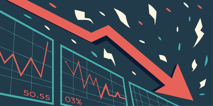 A large red downward arrow dominates three distinct financial charts showing sharp negative progress and falling stock values.