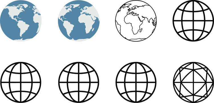 World globe earth grid icons set in flat and outline styles isolated on background