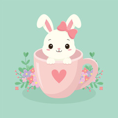 A cute little Easter bunny with a bow sits in a mug. Easter holiday element. Happy Easter vector illustration.