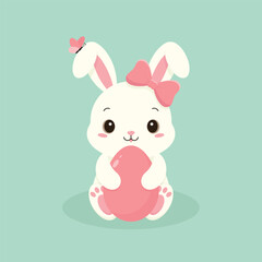 A cute little Easter bunny with a bow holds a big Easter egg. Easter holiday element. Happy Easter vector illustration.