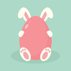 A cute little Easter bunny hiding behind a big Easter egg. Easter holiday element. Happy Easter vector illustration.