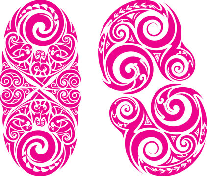 Abstract tribal style oval and tear drop shapes adorned with intricate Polynesian swirl patterns and lines